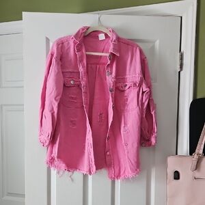 Pink Distressed Womens Jacket - Casual Overshirt